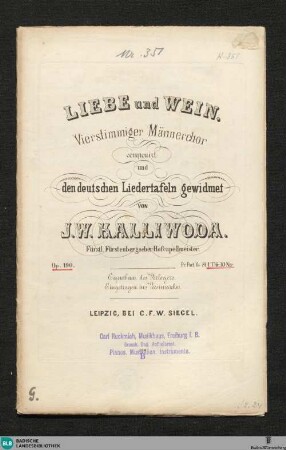 Liebe und Wein : vierstimmiger Männerchor : op. 190