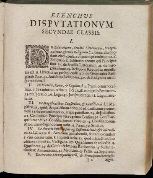 Elenchus Disputationum Secundæ Classis.