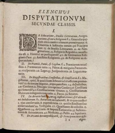 Elenchus Disputationum Secundæ Classis.