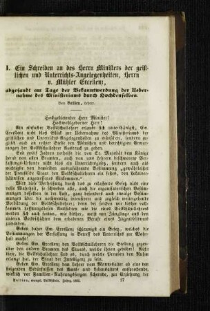 ¬Ein¬ Schreiben an des Herrn Ministers der geistlichen und Unterrichts-Angelegenheiten, Herrn v. Mühler Excellenz : abgesandt am Tage der Bekanntwerdung der Uebernahme des Ministeriums durch Hochdenselben