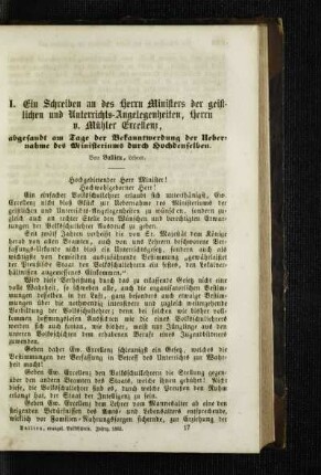 ¬Ein¬ Schreiben an des Herrn Ministers der geistlichen und Unterrichts-Angelegenheiten, Herrn v. Mühler Excellenz : abgesandt am Tage der Bekanntwerdung der Uebernahme des Ministeriums durch Hochdenselben