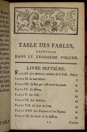 Table des Fables, contenues dans le troisiéme volume.