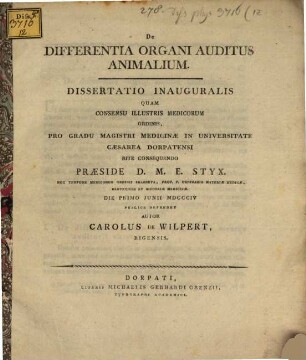De differentia organi auditus animalium dissertatio inauguralis