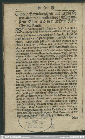Gnade, Barmhertzigkeit und Friede sey mit allen, die dieses lesen, von Gott unserm Vater und dem Herrn Jesu Christo, Amen