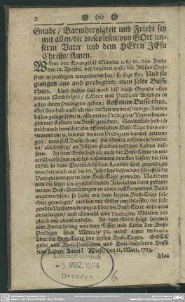 Gnade, Barmhertzigkeit und Friede sey mit allen, die dieses lesen, von Gott unserm Vater und dem Herrn Jesu Christo, Amen