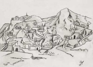 Konstruktive Dorflandschaft vor Bergen