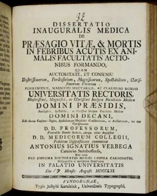 Dissertatio Inauguralis Medica De Præsagio Vitæ, & Mortis In Febribus Acutis Ex Animalis Facultatis Actionibus Formando