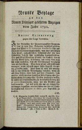 Neunte Beylage zu den Neuen Leipziger gelehrten Anzeigen vom Jahr 1792.