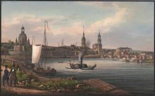 Ansicht von Dresden, kolor. Lithogr., ca. 1850 : Dresden.[Dresden gegen Morgen] - [S.l.] ,[N. d. Nat. gez. v. J. Riede. Lith. v. J. Riedel]. [ca. 1850]. - 1 Kunstbl. : kolor. Lithogr. ; 24 x 15 cm