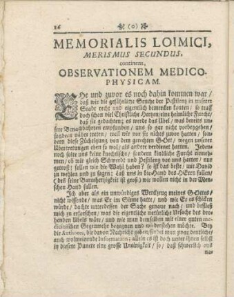 Memorialis Loimici, Merismus Secundus, continens, Observationem Medico-Physicam.