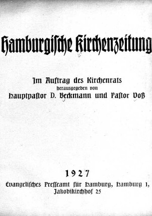 Hamburgische Kirchenzeitung 1927