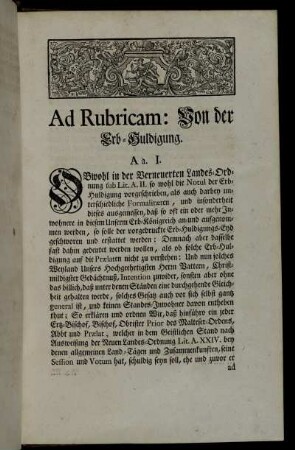 Ad Rubricam: Von der Erb-Huldigung. A a. I. - B b. XXXII.