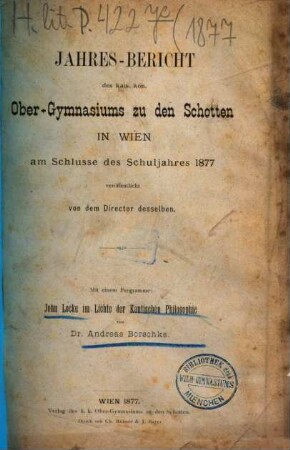Jahresbericht des K.K. Obergymnasiums zu den Schotten in Wien : über d. Schuljahr .... 1876/77