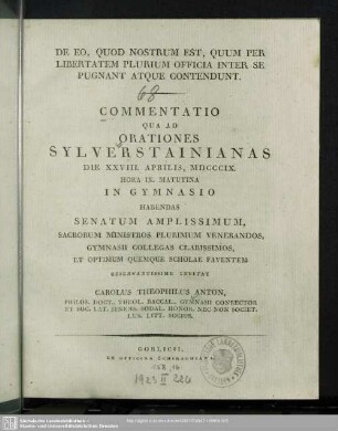 1809: Commentatio qua ad orationes Sylverstainianas ... in Gymnasio habendas ... observantissime invitat