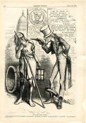Our Uncle's honor touched. High-toned, high- strung U.S. (to Diogenes). "Any insinuation? You Gold-bug! You Shylock! You Bloated Bondholder! You Capitalist! You are purchased by Wall Street Sharks." : Uncle Sam beschimpft und bedroht den Philosophen Diogenes