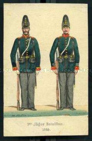 Uniformdarstellung, Jäger und Unteroffizier des 1. Jäger-Bataillons, Preußen, 1855. Aus: Der Soldatenfreund.