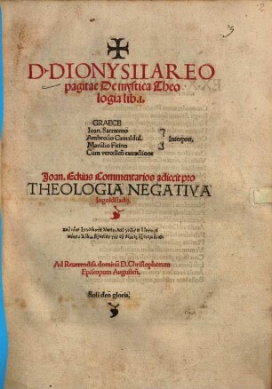 D. Dionysii Areopagitae De mystica Theologia lib. I. : Graece