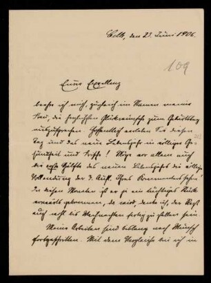 109: Brief von Otto Strecker an Gottlieb Planck, Celle, 23.6.1906