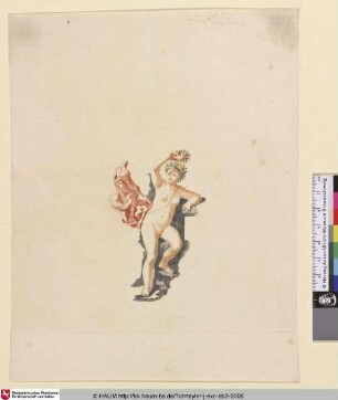 [Nackte Frau mit Blumen bekränzt hält eine Blumenkranz über ihrem Kopf; Nude Woman Holding a Laurel Wreath Above Her Head; Naakte vrouw met een lauwerkrans]