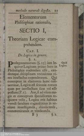 Elementroum Philisophiae rationalis, Sectio I, Theoriam Logicae comprehendens