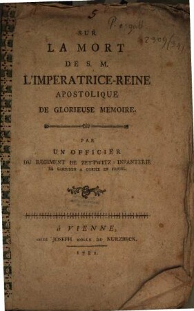 Sur La Mort De S. M. L'Imperatrice-Reine Apostolique De Glorieuse Memoire