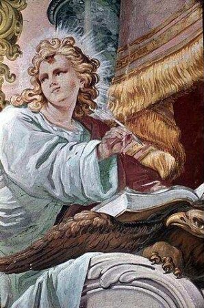 Die Evangelisten Markus und Johannes und Engel mit Vorhangdraperie
