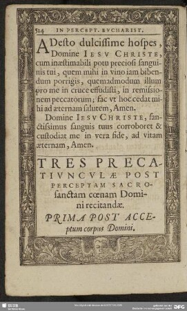 Tres Precatiunculae Post Perceptam Sacrosanctam coenam Domini recitandae
