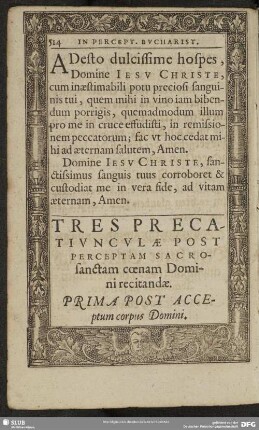 Tres Precatiunculae Post Perceptam Sacrosanctam coenam Domini recitandae