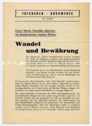 Heft aus der Schriftenreihe der SPD "Tatsachen - Argumente" mit dem Nachdruck eines Gespräches zwischen Herbert Wehner und Pastor Niemöler aus dem "stern"