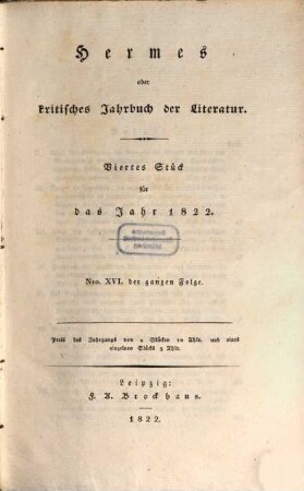 Hermes oder kritisches Jahrbuch der Literatur. 1822,4