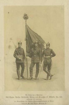 3 Offiziere mit Fahne des Infanterie-Regiments (Kaiser Friedrich, König von Preußen) Nr. 125, in Uniform mit Pickelhaube bei Einweihung Kaiser-Friedrich-Denkmal, Wörth