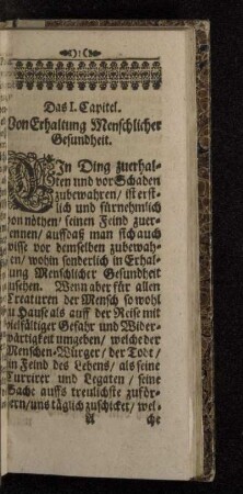 Das I. Capitel. Von Erhaltung Menschlicher Gesundheit.
