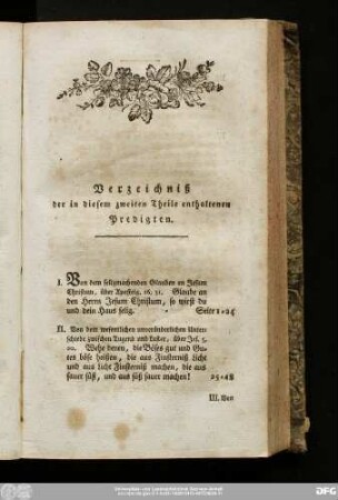 Verzeichniß der in diesem zweiten Theile enthaltenen Predigten.