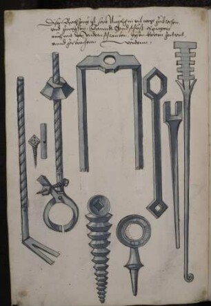 Teile von Brechzeugen: Spanneisen, Gewindeeisen, Beißzange, Geißfuß, Tannenzapfen