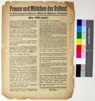 Programmatischer Wahlaufruf des Sozialdemokratischen Volksvereins (USPD) an die Frauen und Mädchen zur Wahrnehmung ihres Wahlrechts anlässlich der Wahl zur verfassungsgebenden Nationalversammlung