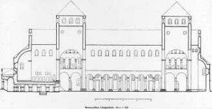 Hildesheim, St. Michael, ehem. Benediktiner-Klosterkirche, Rekonstruktion des ersten Baus nach Fertigstellung um1022, Querschnitt, von Südwesten