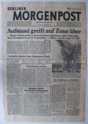 Titelblatt der West-Berliner Tageszeitung "Berliner Morgenpost" zu den Unruhen um den 17. Juni 1953 in der DDR