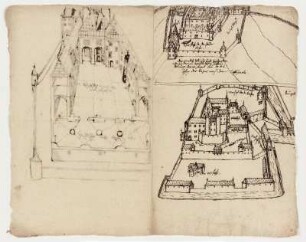 Greifenstein, Burg, Ansicht von Norden und Süden (recto), innerer Hof von Süden (verso)