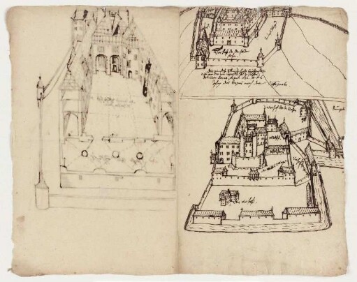 Greifenstein, Burg, Ansicht von Norden und Süden (recto), innerer Hof von Süden (verso)