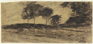 Landschaft, links kleiner Hügel, davor drei Bäume, rechts Haus