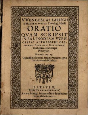 Oratio quam scripsit in palinodiam Wencesl. Altwasseri