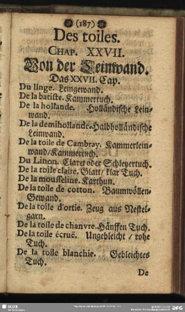 Des toiles. Chap. XXVII. Von der Leinwand. Das XXVII. Cap.