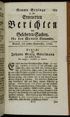 Neunte Beylage. Rostock, den 30sten September, 1766