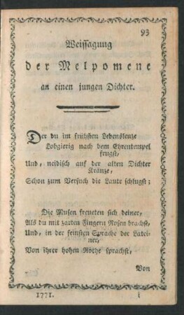 Weissagung der Melpomene an einen jungen Dichter.