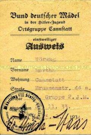 Ausweis des Bundes Deutscher Mädel für Martha Wöwag