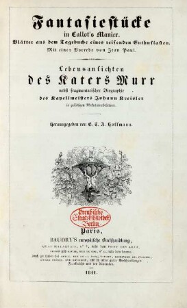 Fantasiestücke in Callot's Manier : Blätter aus dem Tagebuche eines reisenden Enthusiasten