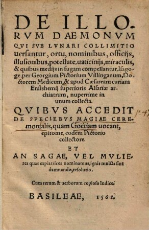 De illorum daemonum qui sub lunari collimitio versantur, ortu, nominibus, officiis ... isagoge : quibus accedit de speciebus magiae ceremonalis, quam Goetiam vocant, epitome ... et an sagae ... resolutio
