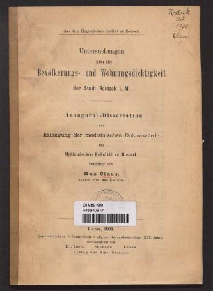 Untersuchungen über die Bevölkerungs- und Wohnungsdichtigkeit der Stadt Rostock i. M.