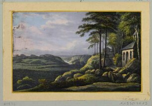 Der Brand bei Hohnstein in der Sächsischen Schweiz mit einer Eremitage und der Aussicht nach Westen in das Elbtal und zur Bastei, aus der Zeitschrift Saxonia um 1840