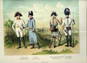 Uniformdarstellung, Feldscherer und Musketier, Infanterie-Regiment No. 10, Offizier, Infanterie-Regiment No. 5, Grenadier, Infanterie-Regiment No. 8, 1802. Im Buch: Hauthal: Geschichte der Sächsischen Armee in Wort und Bild.